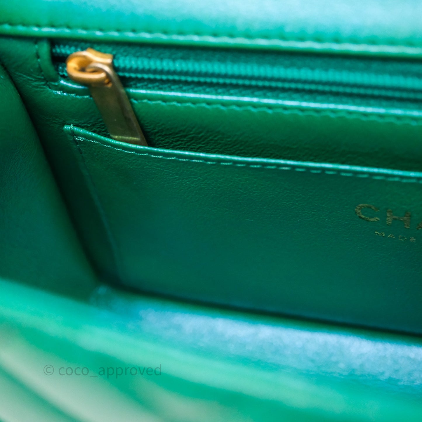 Chanel Top Handle Mini Rectangular Flap Bag Iridescent Green Lambskin Aged Gold Hardware