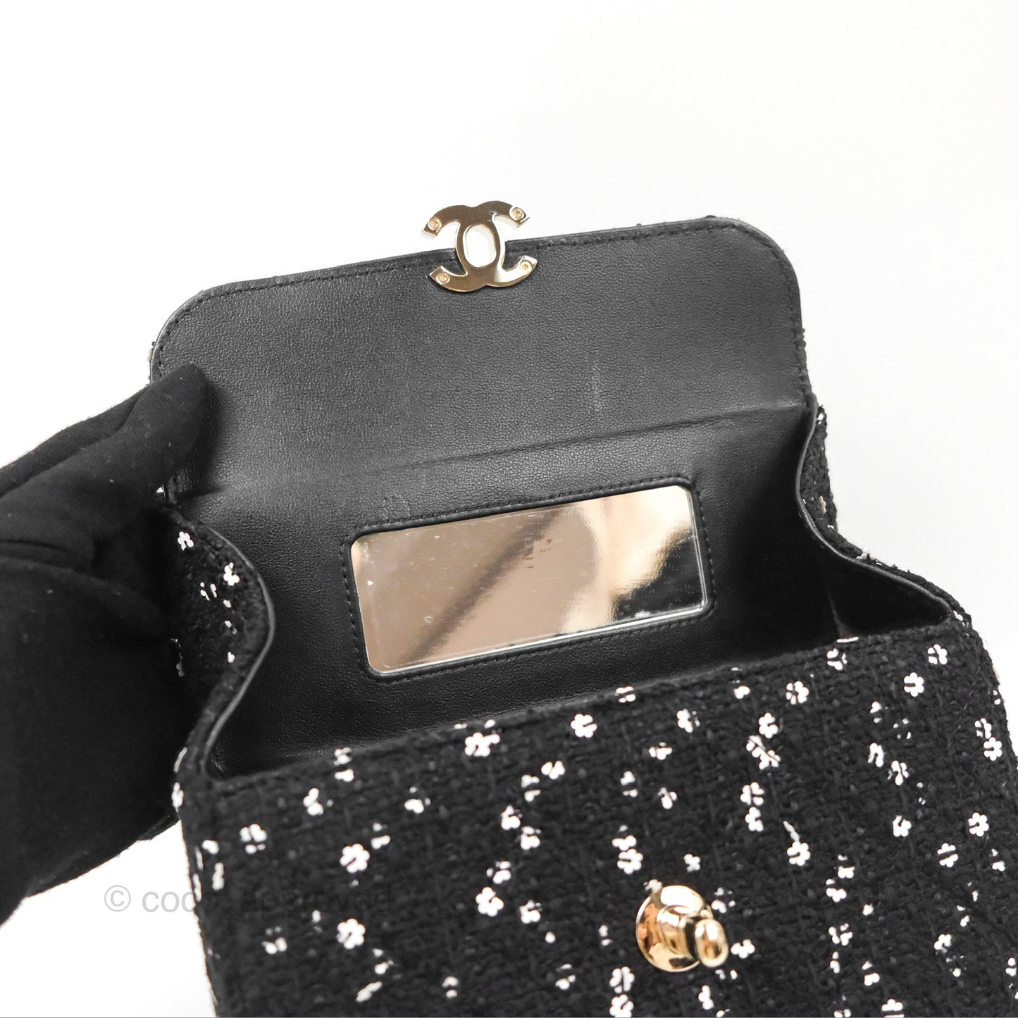 Chanel Small Top Handle Box Bag Black Tweed Sequins Gold Hardware 23K