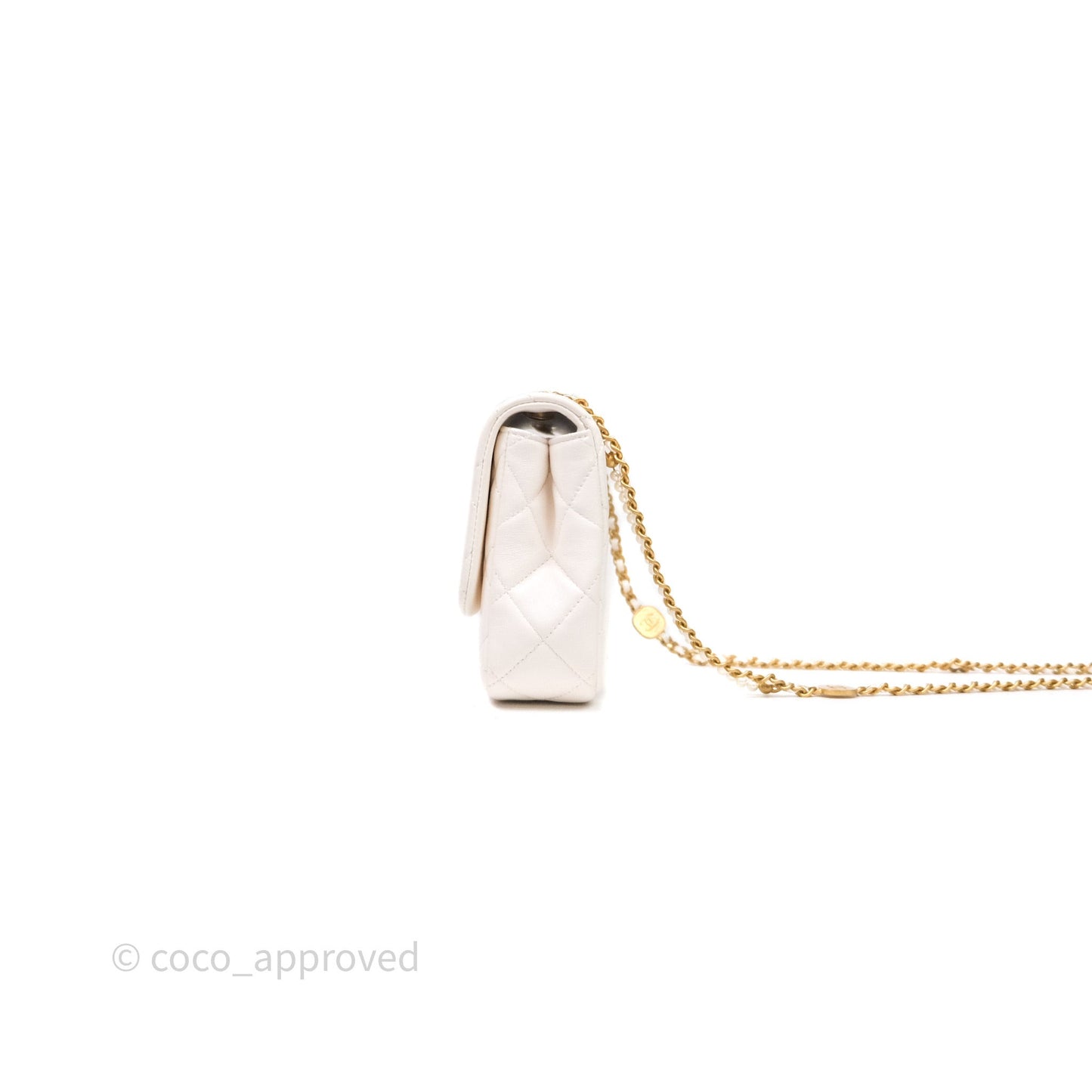 Chanel Flap Bag with Pearl Chain Ivory White Aged Gold Hardware 25P
