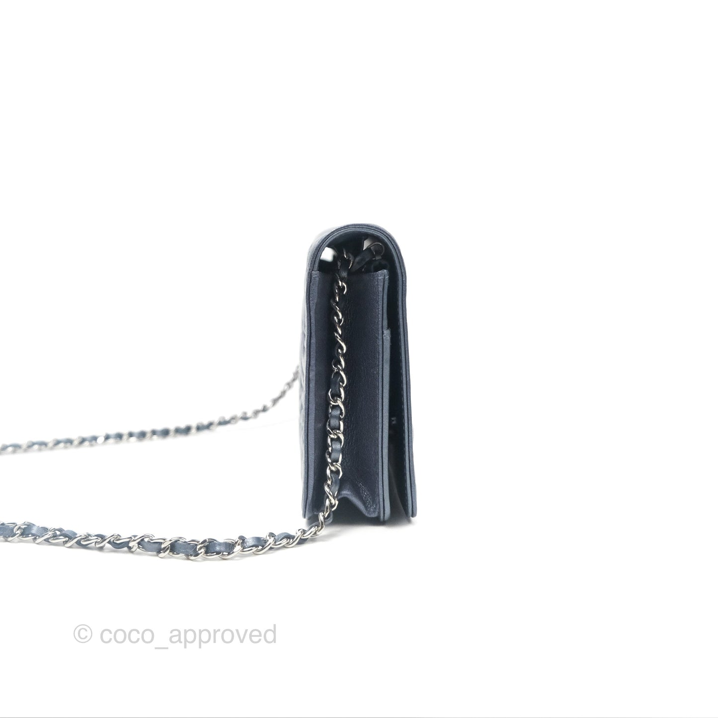 Chanel Camellia Wallet on Chain WOC Iridescent Navy Calfskin Silver Hardware