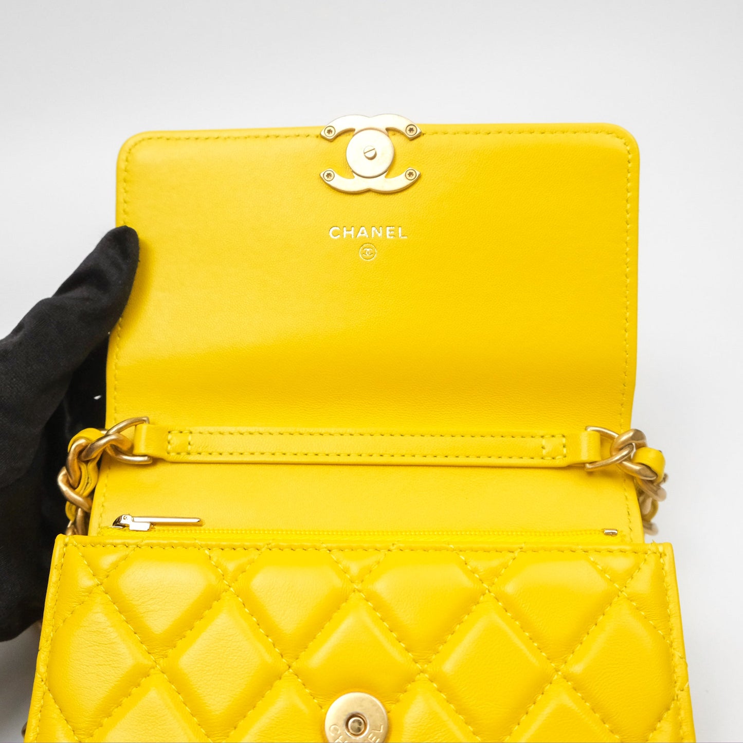 Chanel Lacquered Chain Mini WOC Yellow Lambskin