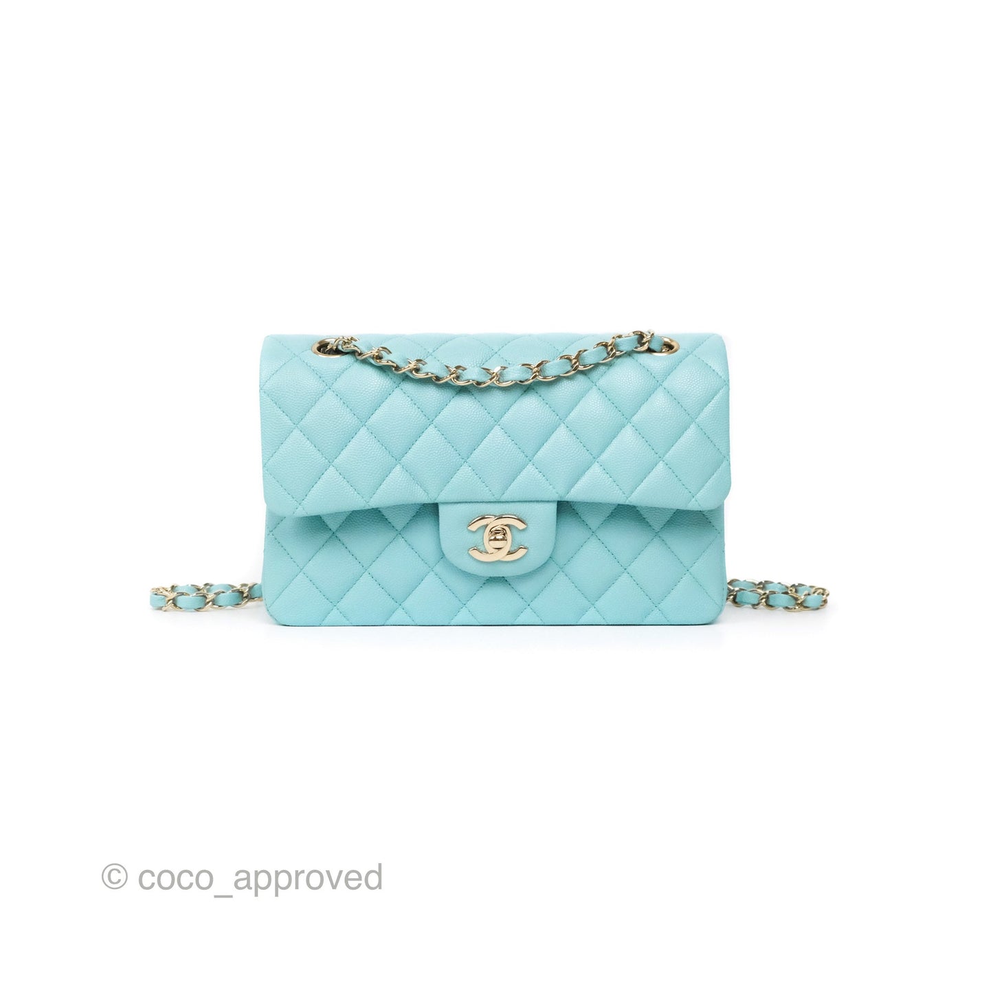Chanel Small S/M Classic Flap Quilted Tiffany Blue Caviar Gold Hardware