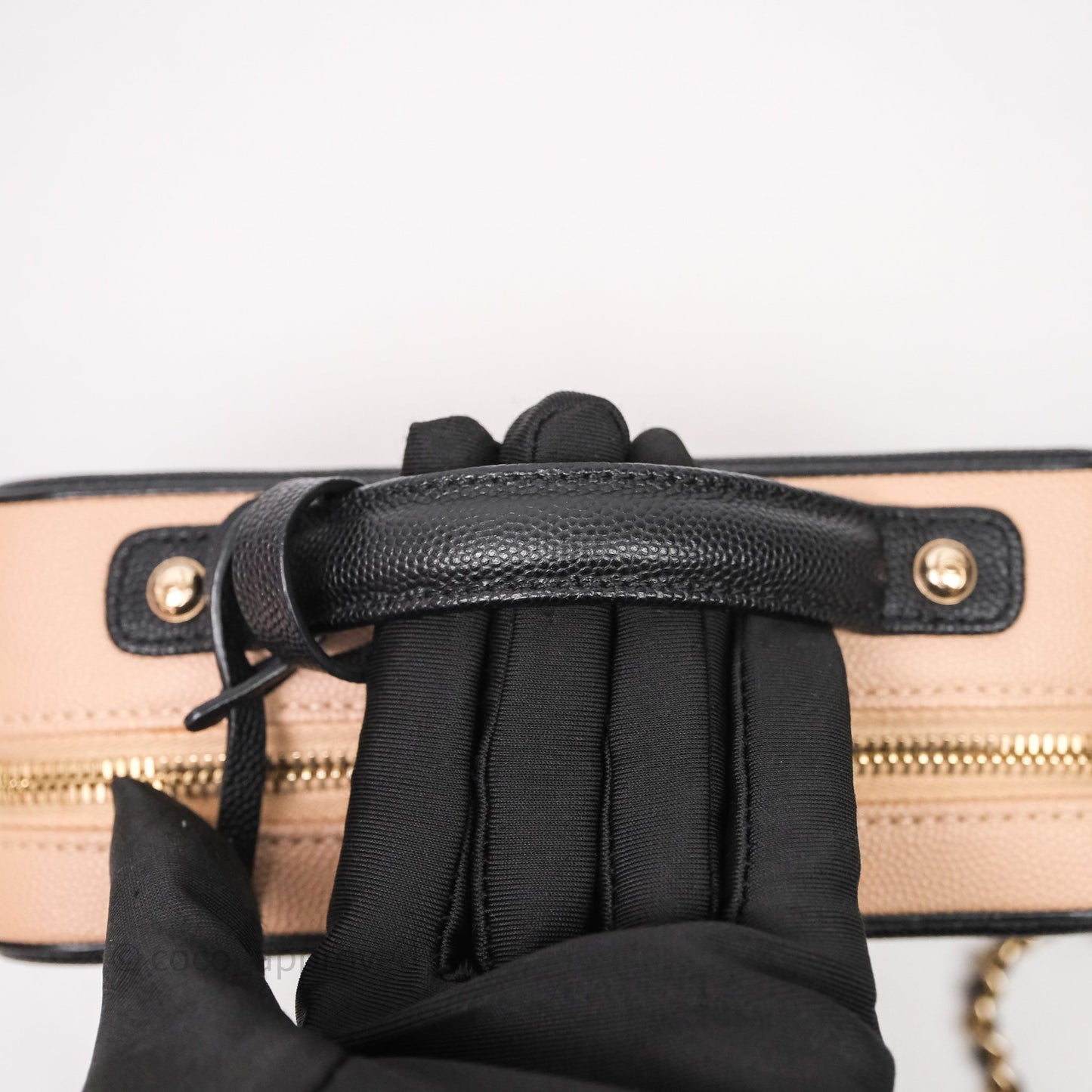 Chanel Quilted New Small CC Filigree Vanity Case Beige Caviar Gold Hardware