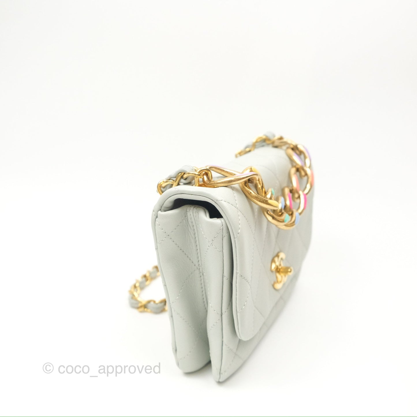 Chanel Chain Handle Flap Light Grey Calfskin Aged Gold Hardware