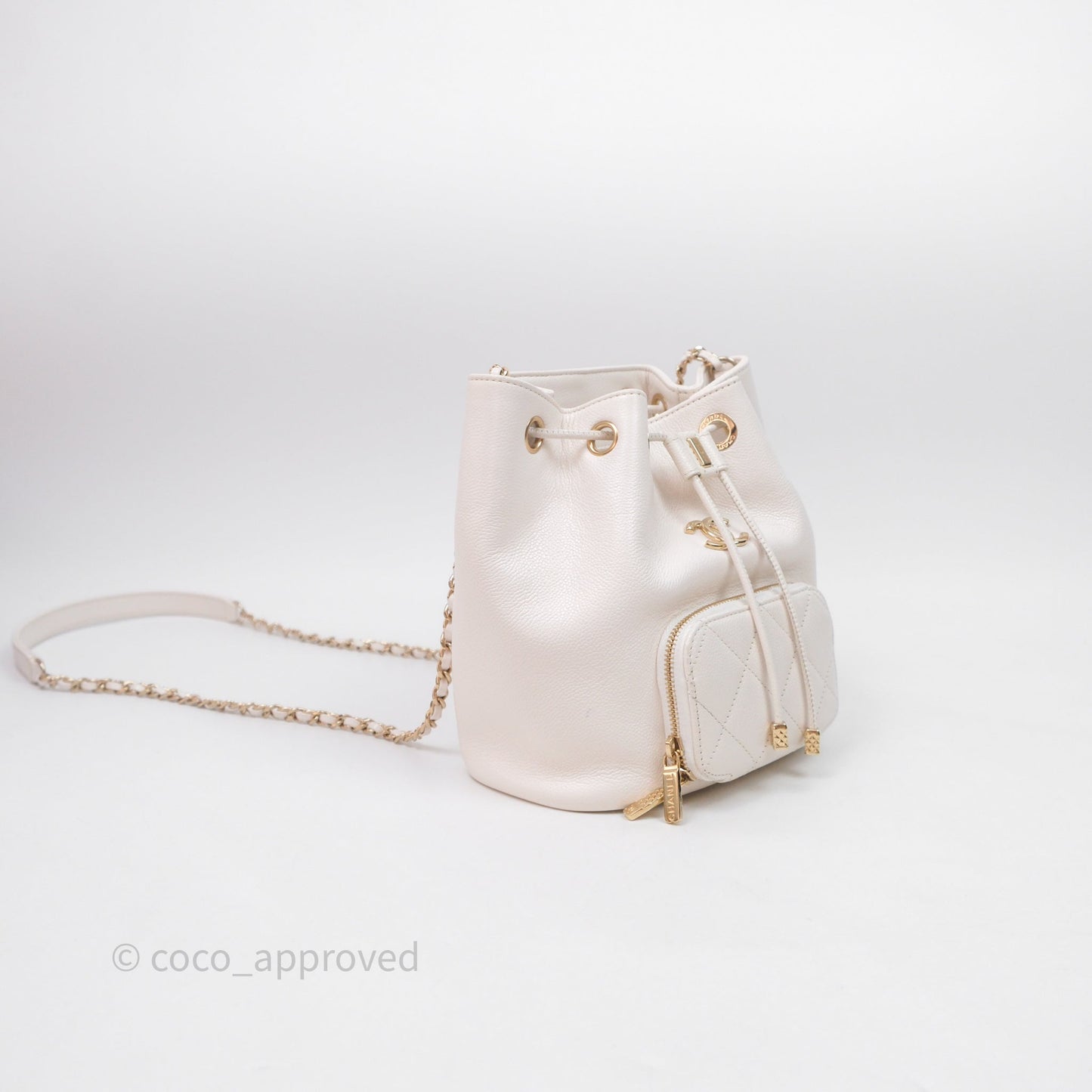 Chanel Business Affinity Drawstring Bucket Bag White Caviar Gold Hardware