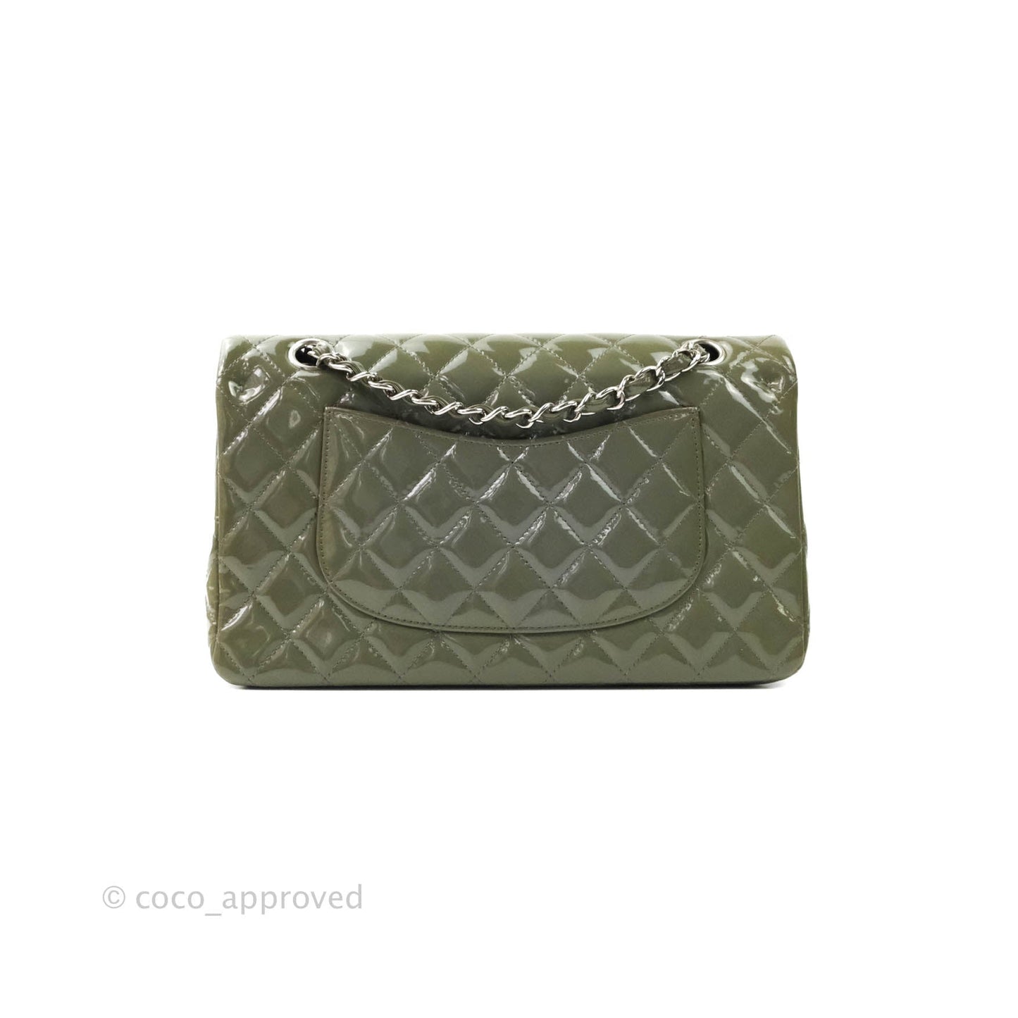 Chanel Classic M/L Medium Double Flap Olive Green Patent Silver Hardware
