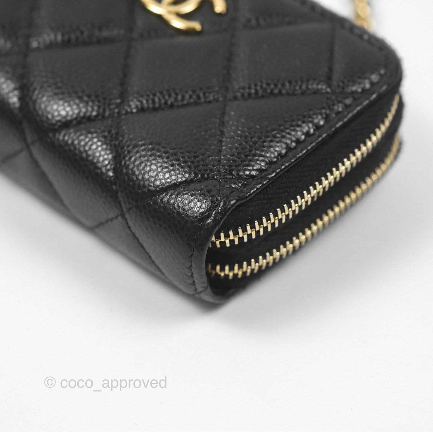 Chanel Miss Coco Quilted Zip Card Holder on Chain Black Caviar Gold Hardware