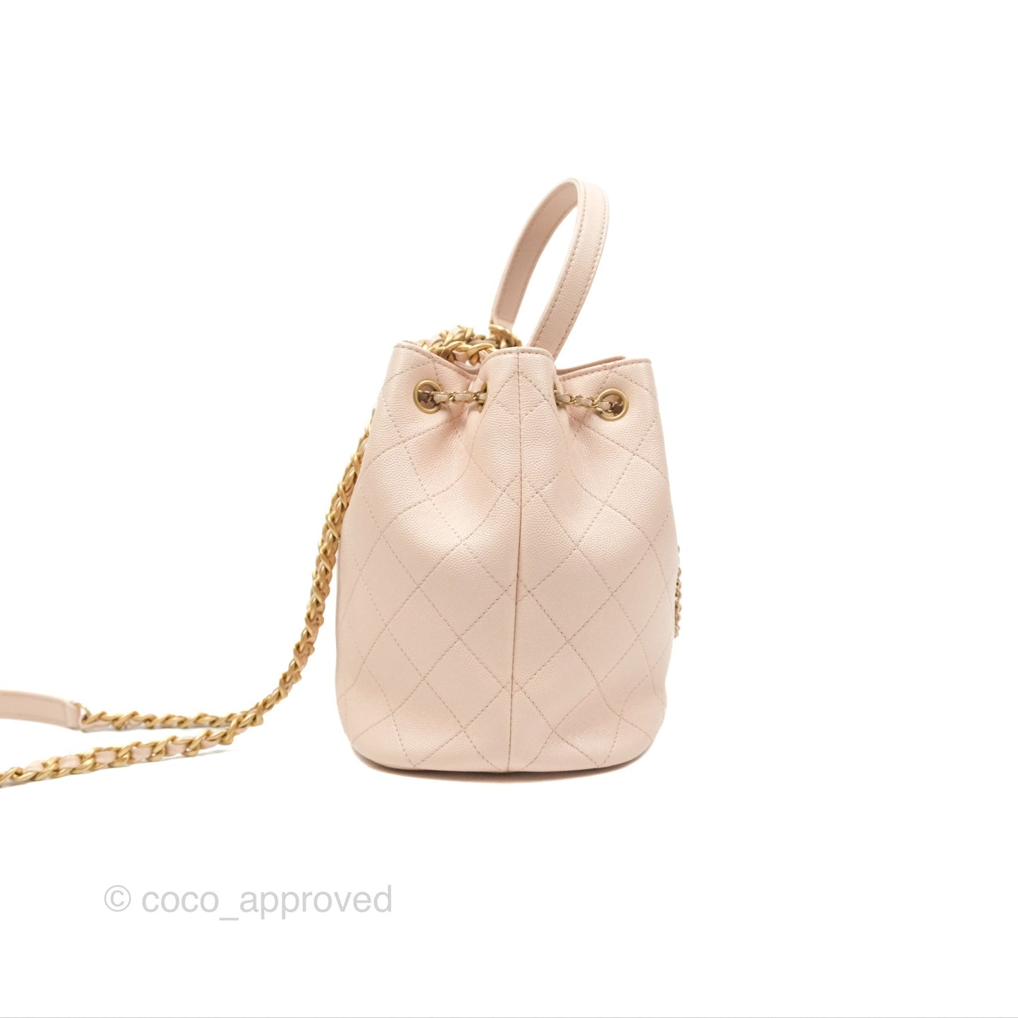 Chanel Quilted Top Handle Drawstring Bucket Bag Pink Caviar Aged Gold Hardware