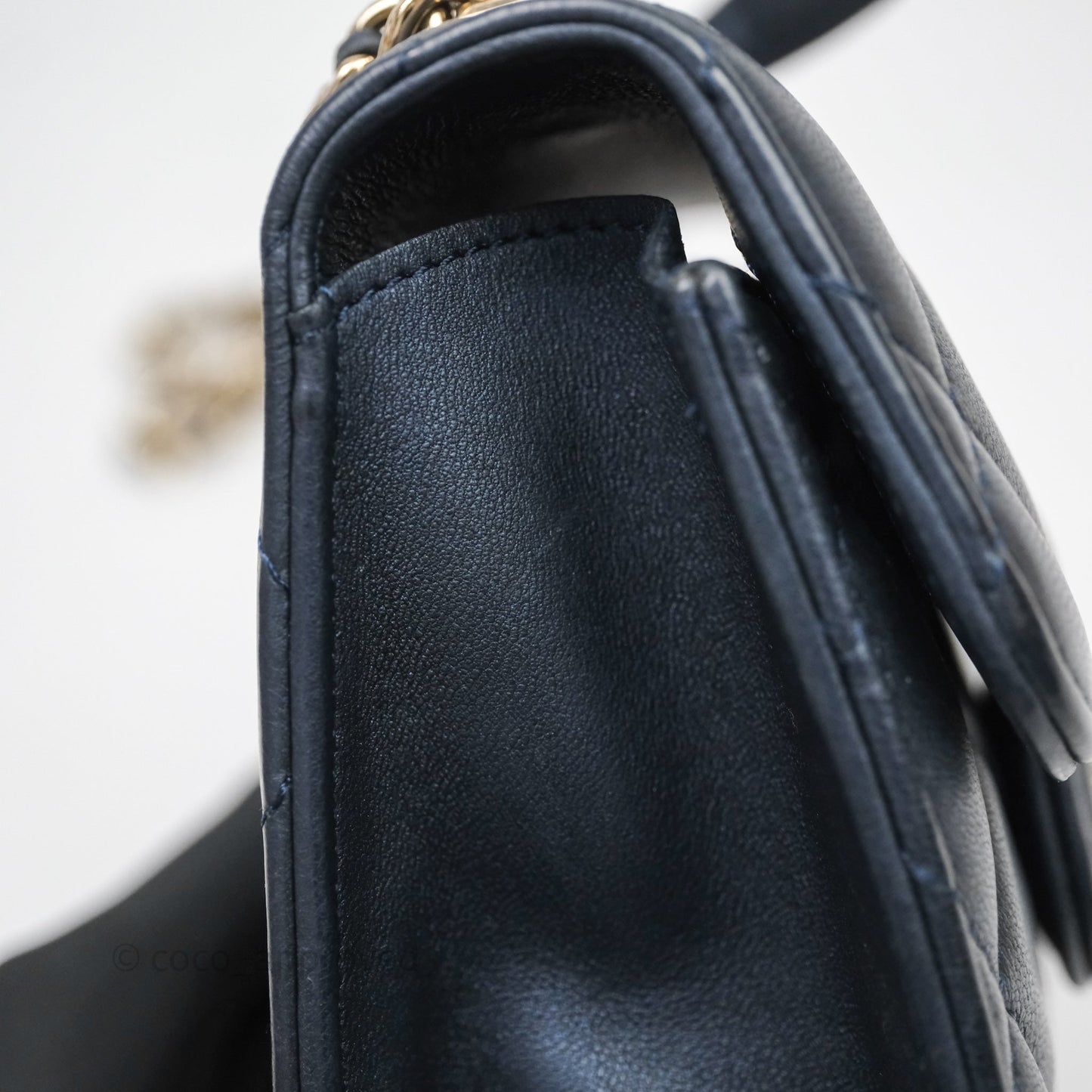 Chanel Mini Handle Clutch With Chain Iridescent Dark Navy Lambskin Gold Hardware