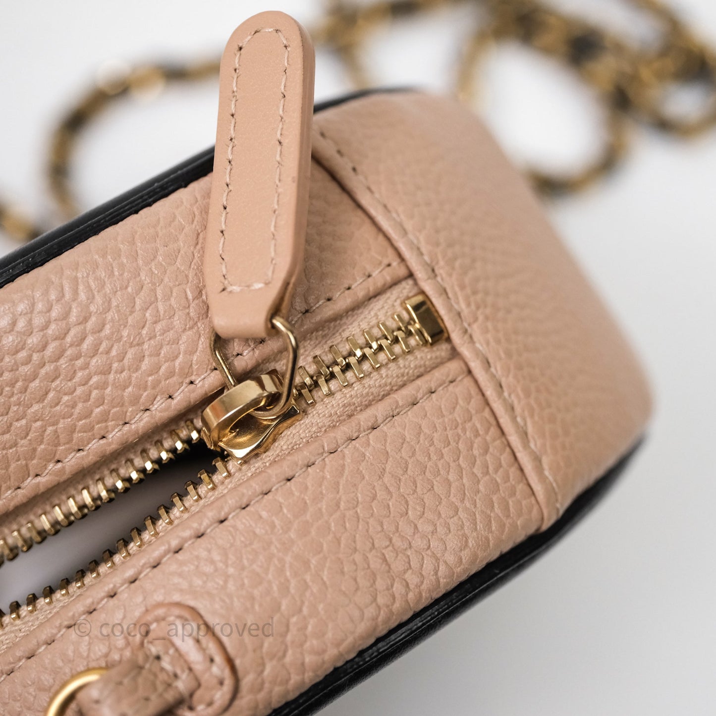 Chanel Quilted Round Filigree Clutch With Chain Beige/ Black Caviar Aged Gold Hardware