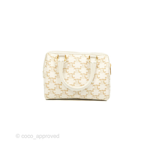 Celine Small Boston Bag White Triomphe Canvas Calfskin