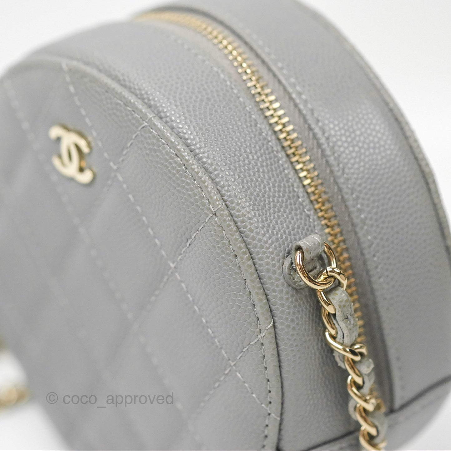 Chanel Classic Quilted Round Clutch With Chain Grey Caviar Gold Hardware