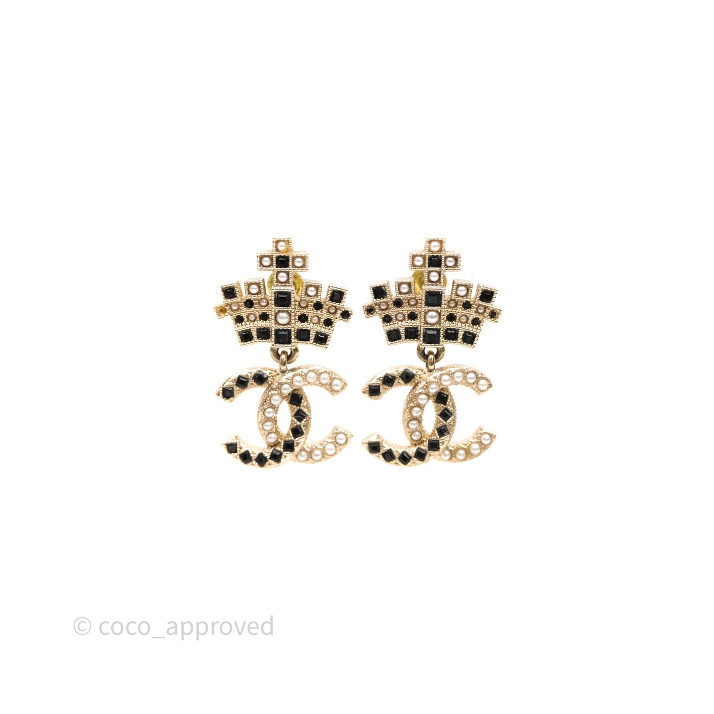 Chanel Black Resin Pearl Crown CC Drop Earrings Gold Tone 21A
