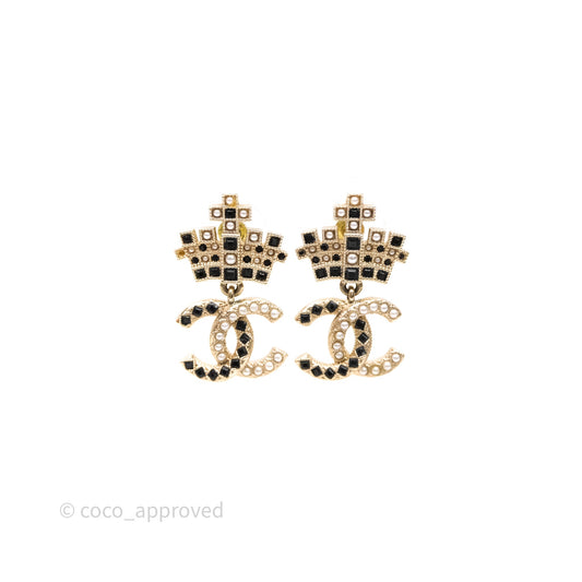Chanel Black Resin Pearl Crown CC Drop Earrings Gold Tone 21A