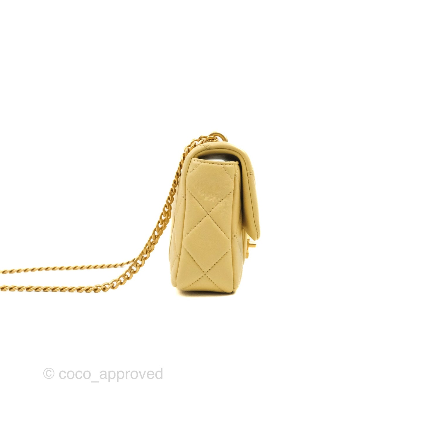 Chanel Enamel Quilted Pending CC Mini Square Flap Yellow Lambskin Aged Gold Hardware 22P