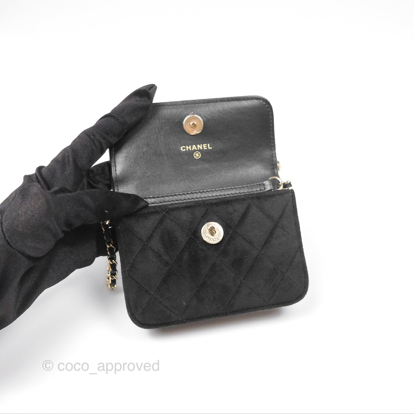 Chanel Crystals Pearl Crush Mini Belt Bag with Chain Black Velvet Gold Hardware