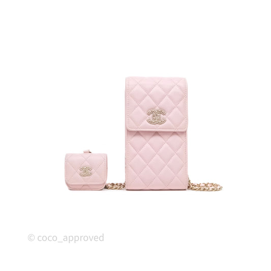 Chanel Quilted Crystal CC Pink Caviar Airpods Phone Case With Chain Light Gold Hardware