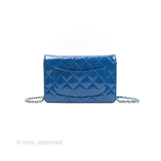 Chanel Quilted Classic Wallet on Chain WOC Blue Patent Silver Hardware