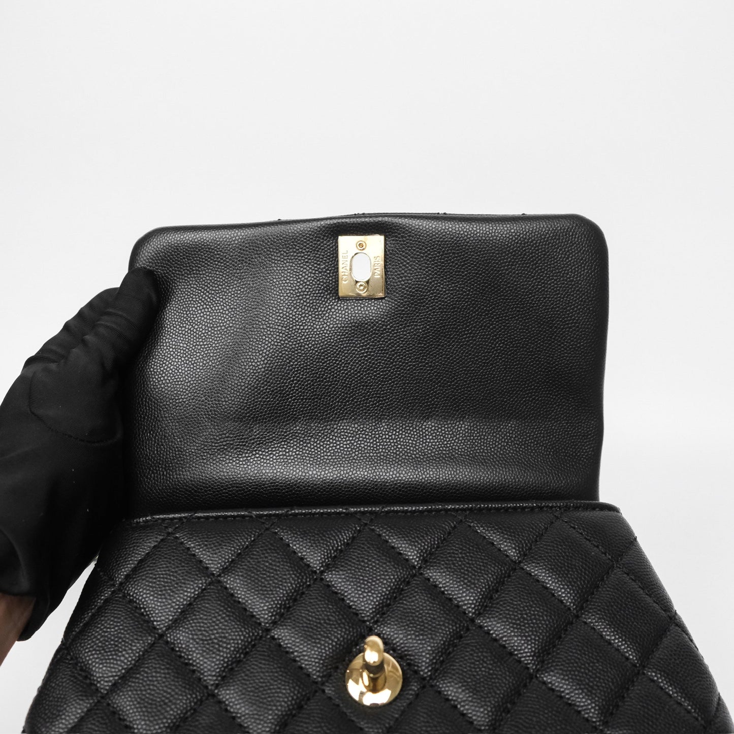 Chanel Small Coco Handle Quilted Black Caviar Gold Hardware Lizard Handle
