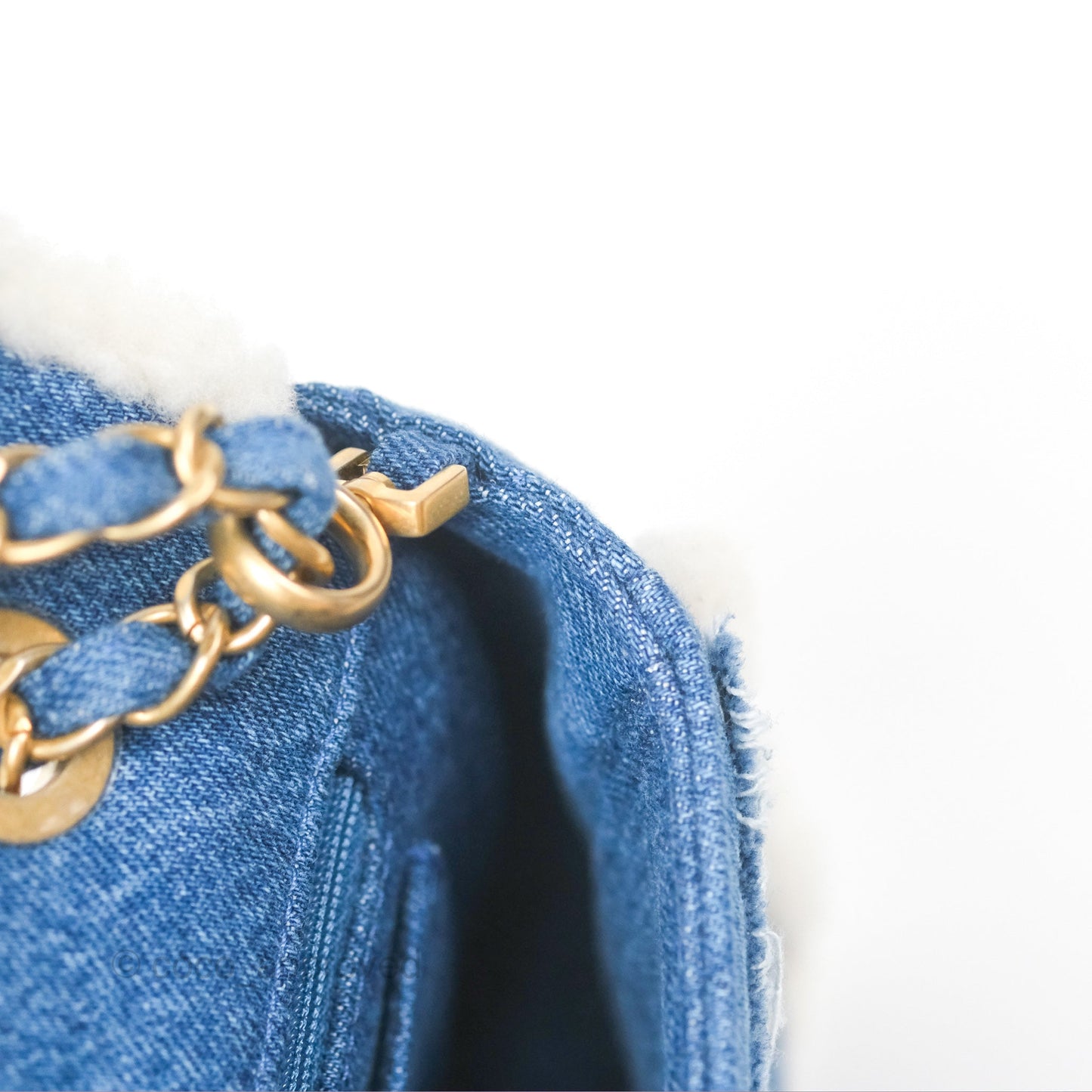 Chanel Medium Denim Shearling Hieroglyph Flap Bag Aged Gold Hardware