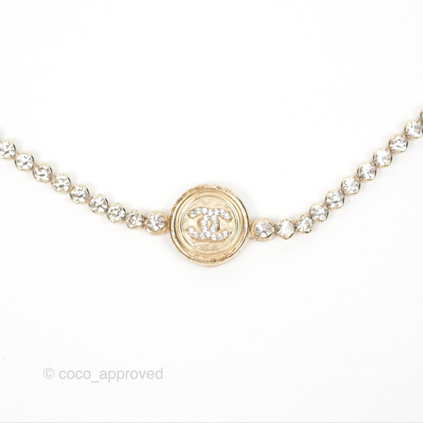 Chanel CC Crystal Chain Choker Necklace Gold Tone 21S