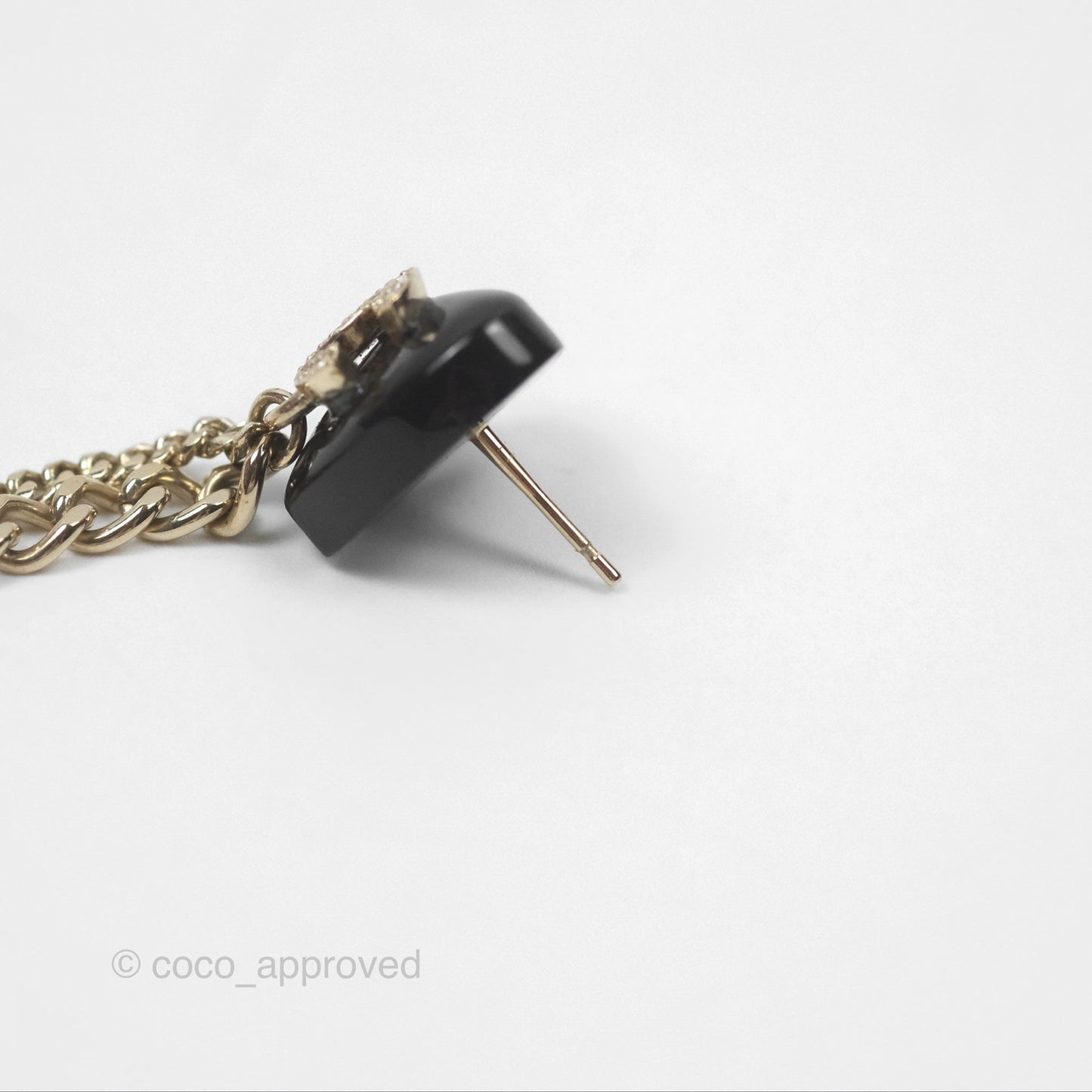 Chanel Crystal CC Black Heart Chain Drop Earrings Gold Tone 22B