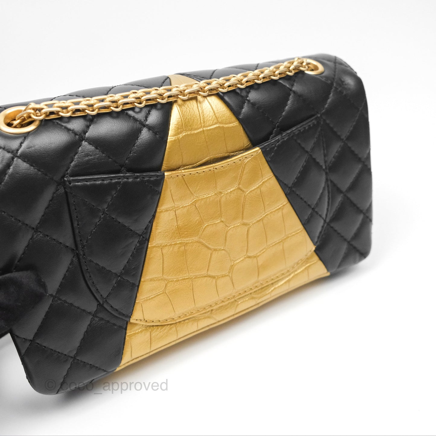 Chanel Reissue 2.55 Metallic Gold Crocodile Embossed Calfskin And Black Quilted Lambskin Aged Gold Hardware