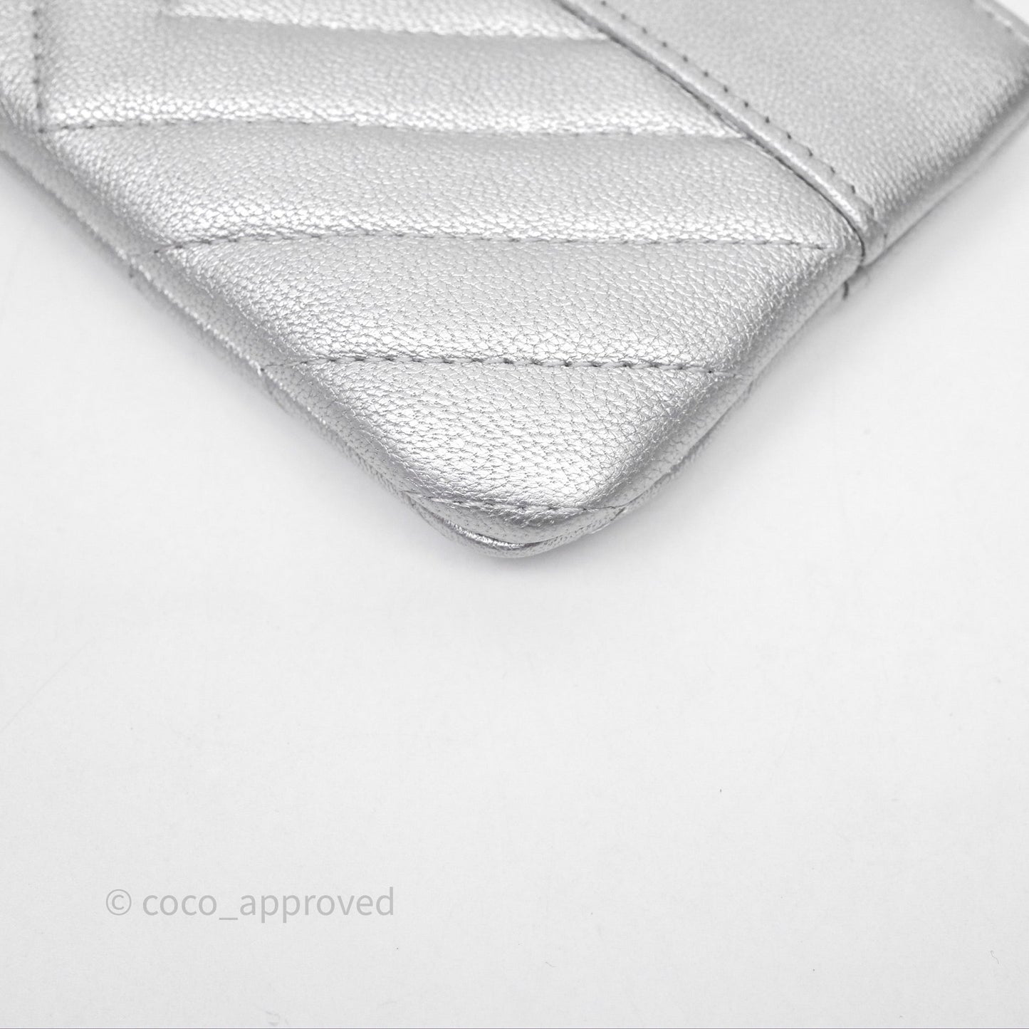 Chanel Mini Chevron Mademoiselle O Case Silver Goatskin Silver Hardware