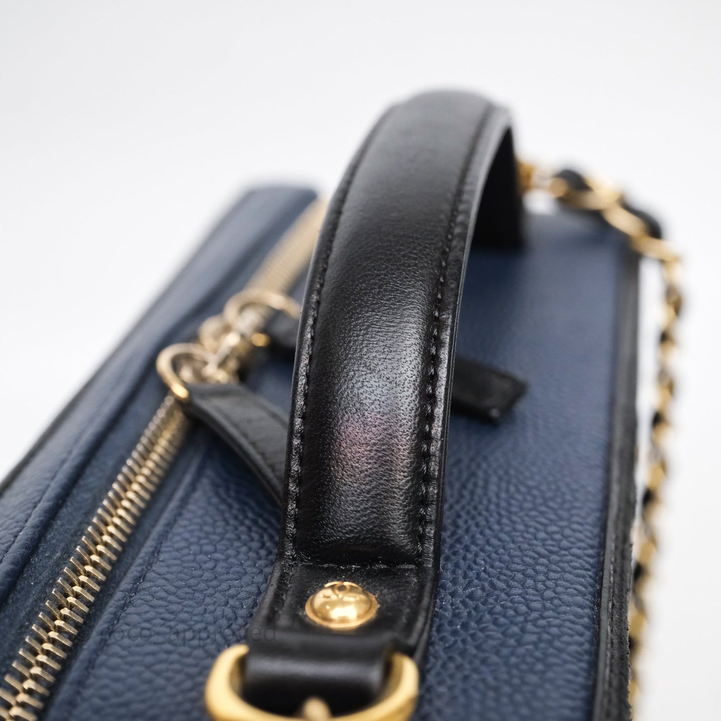 Chanel Quilted Large CC Filigree Vanity Case Navy Black Caviar Aged Gold Hardware
