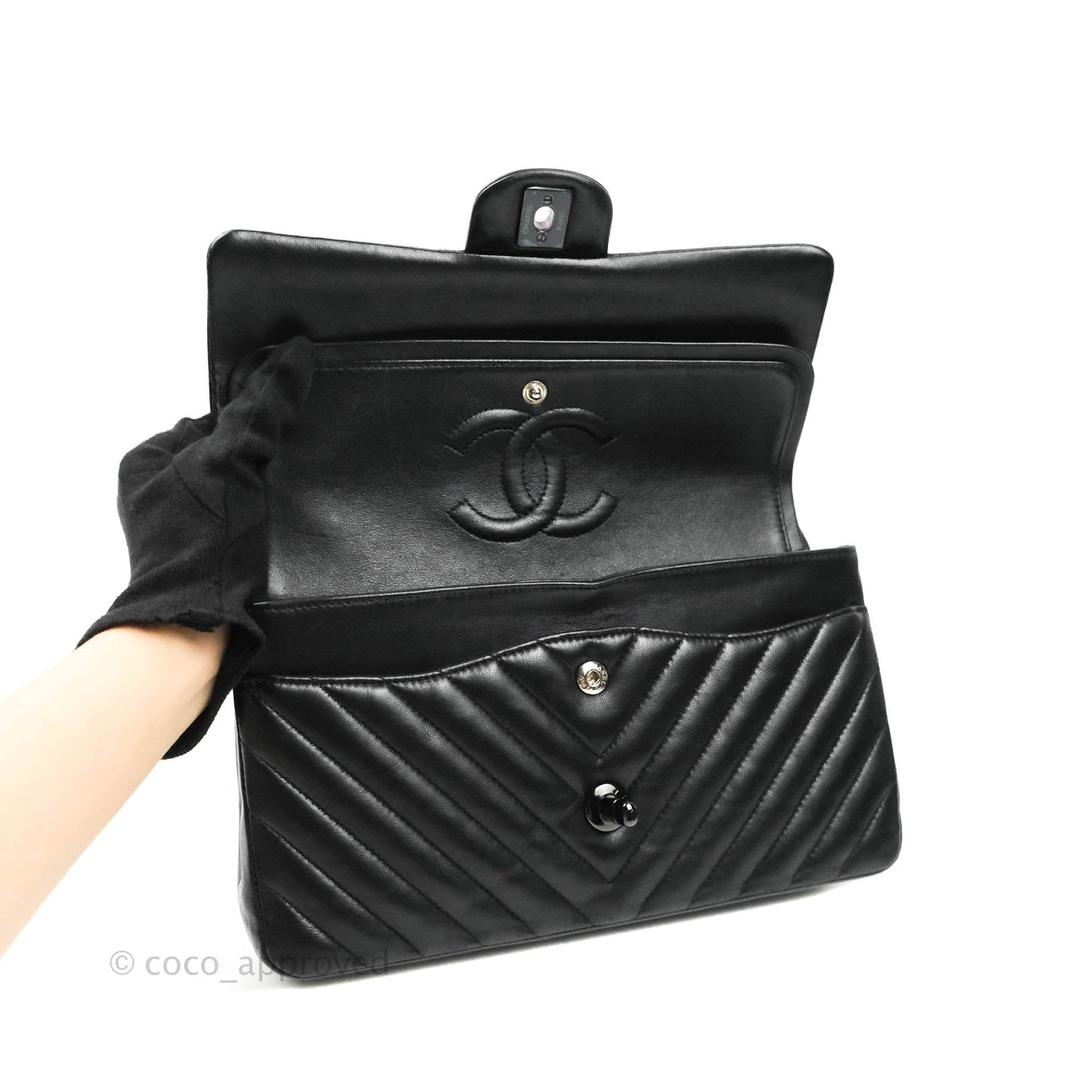 Chanel Classic Chevron M/L Medium Double Flap So Black Lambskin