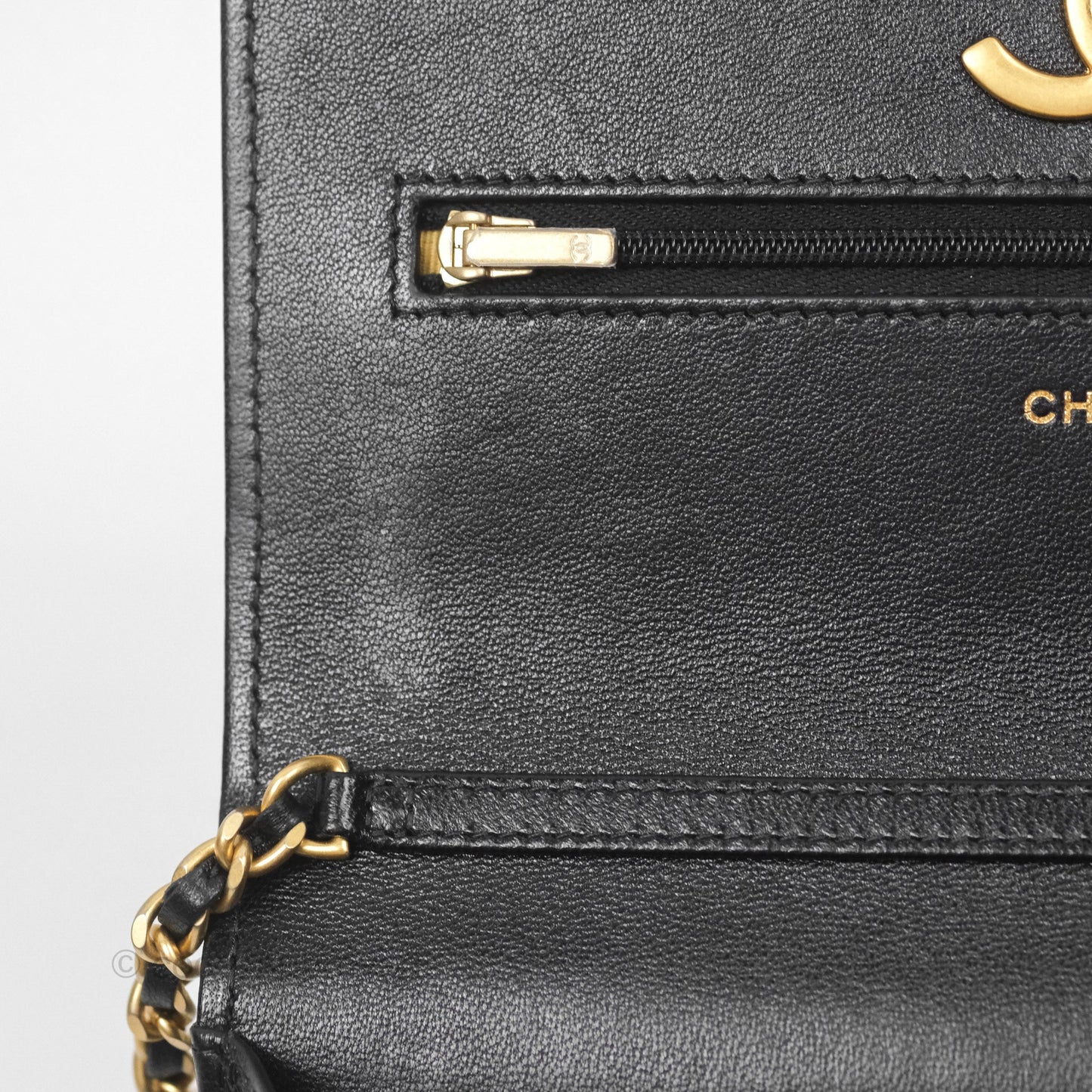 Chanel Quilted WOC Adjustable Chain Black Shiny Lambskin Aged Gold Hardware