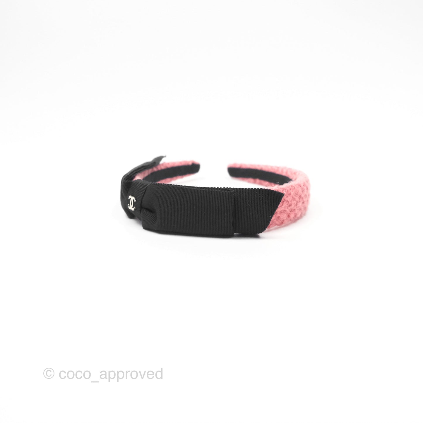 Chanel Black CC Silk Ribbon Bow Tweed Hair Band Pink 22B