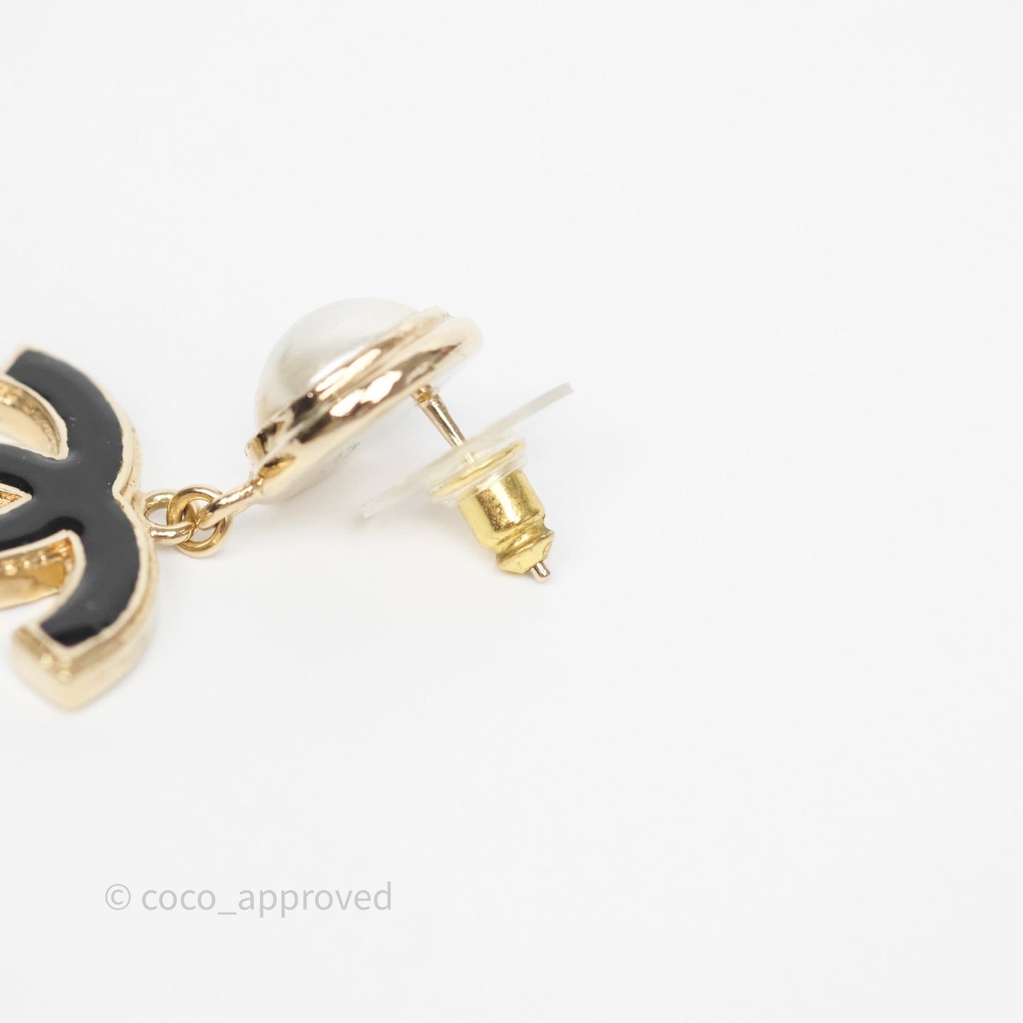 Chanel Round Pearl CC Black Resin Drop Earrings Gold Tone 22A