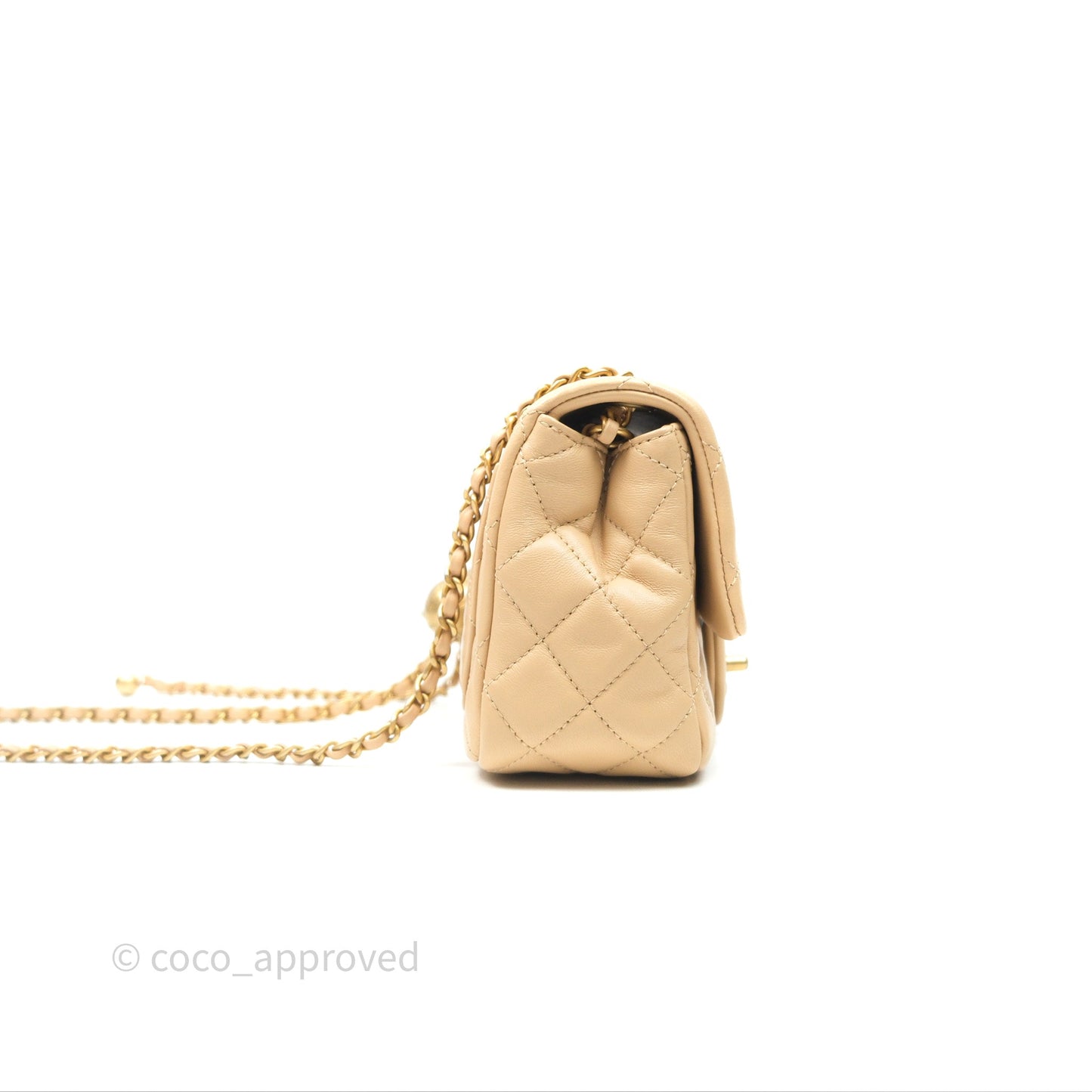 Chanel Pearl Crush Mini Square Quilted Beige Lambskin Aged Gold Hardware