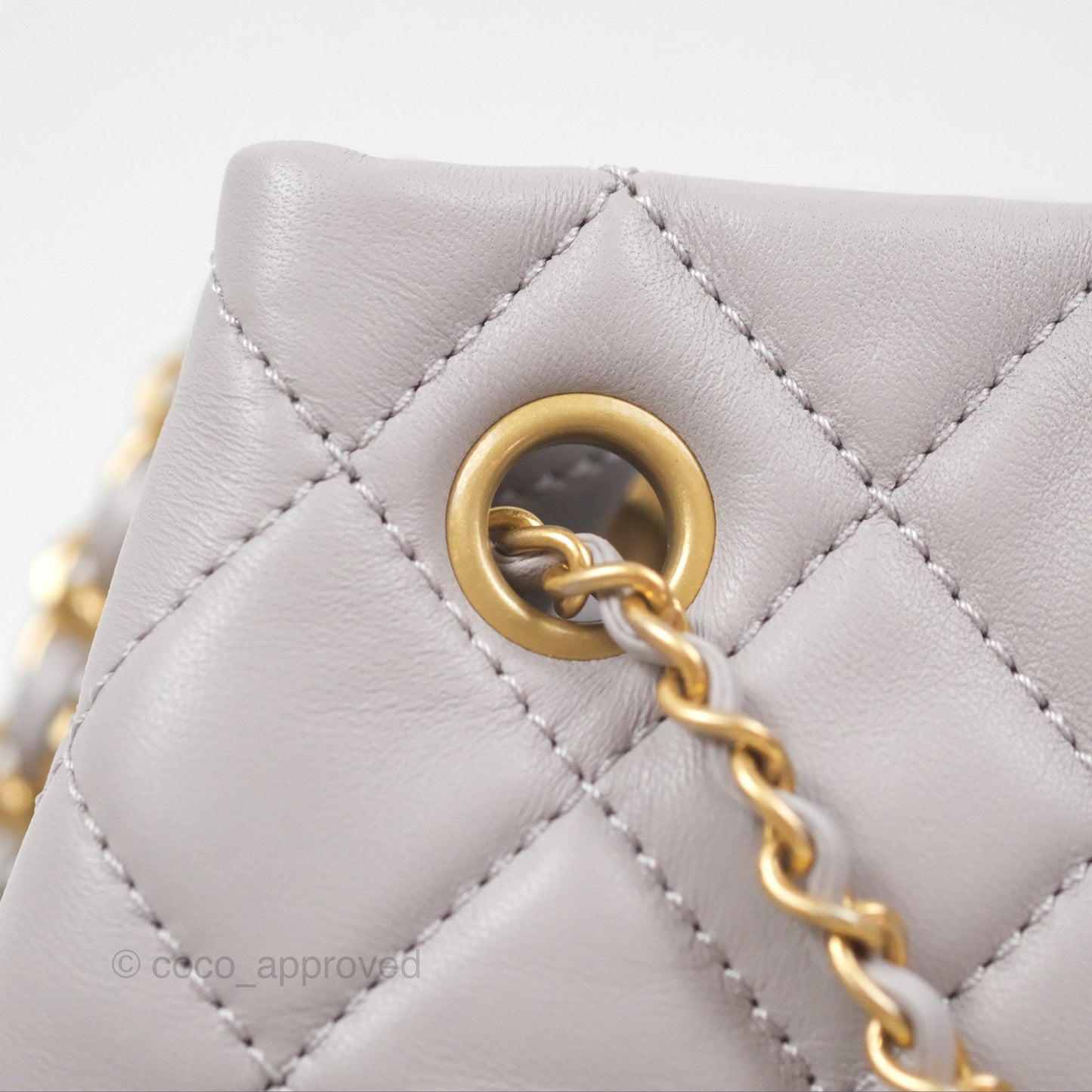 Chanel Pearl Crush Drawstring Bucket Bag Grey Lambskin Aged Gold Hardware