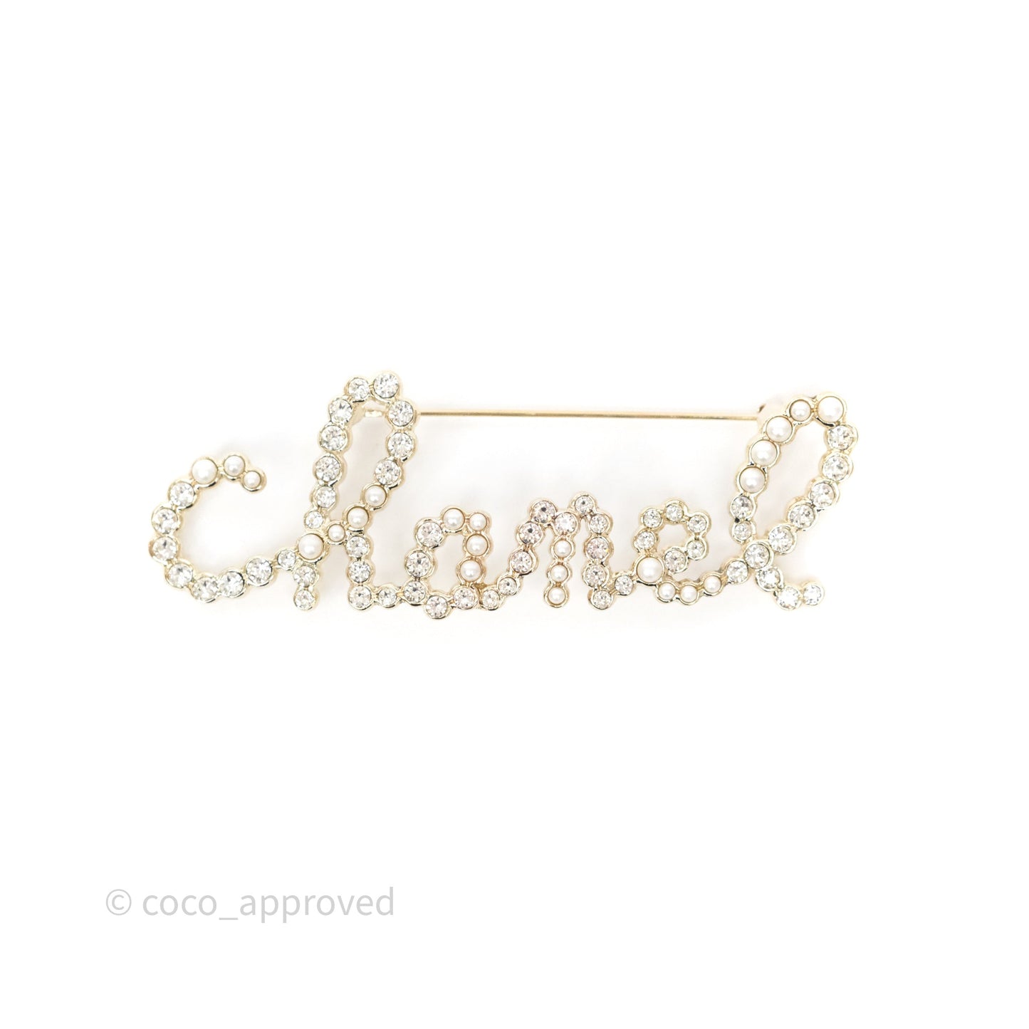 Chanel Logo Pearl Crystal Brooch Gold Tone 20V