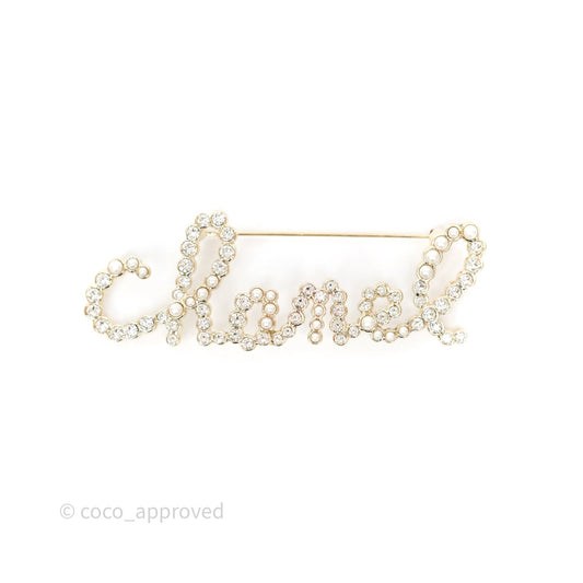 Chanel Logo Pearl Crystal Brooch Gold Tone 20V