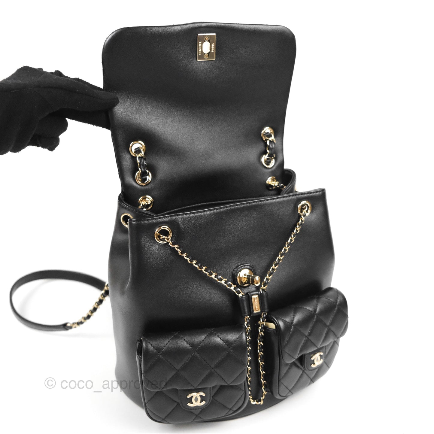 Chanel Duma Backpack Large Black Calfskin Gold Hardware 23P