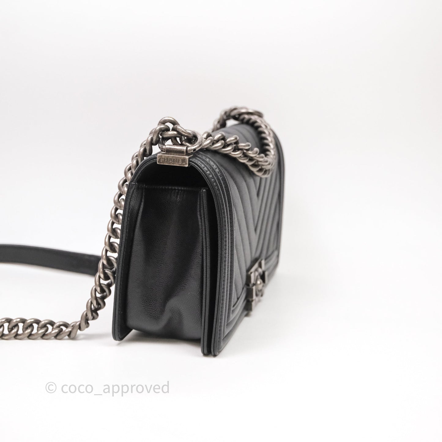 Chanel Medium Boy Chevron Black Caviar Ruthenium Hardware