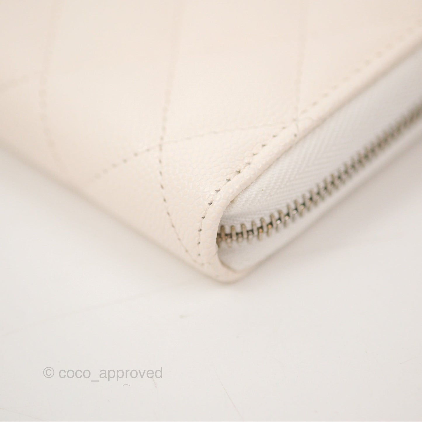 Chanel Quilted Zip Long Wallet White Caviar Silver Hardware