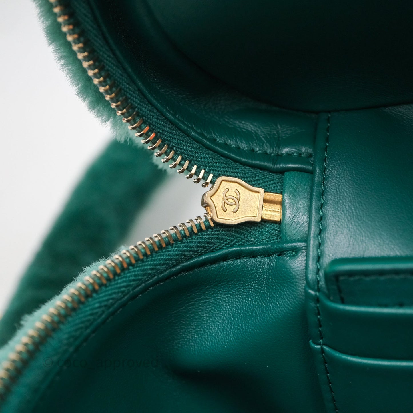 Chanel Small Vanity Case Green Shearling Aged Gold Hardware 22A