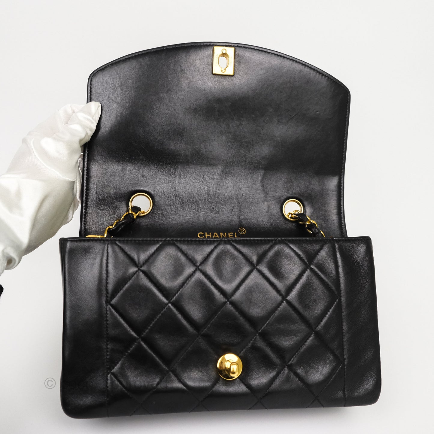 Chanel Vintage Small Classic Diana Quilted Black Lambskin 24K Gold Hardware