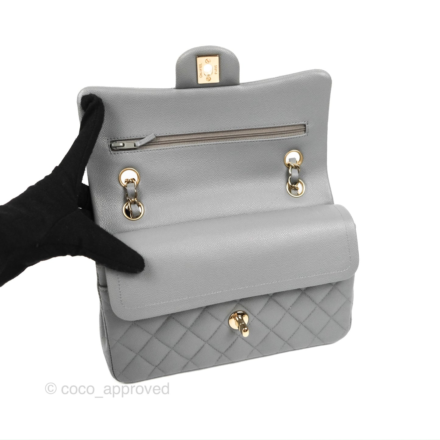 Chanel Small Classic Quilted Flap Grey Caviar Gold Hardware 20C