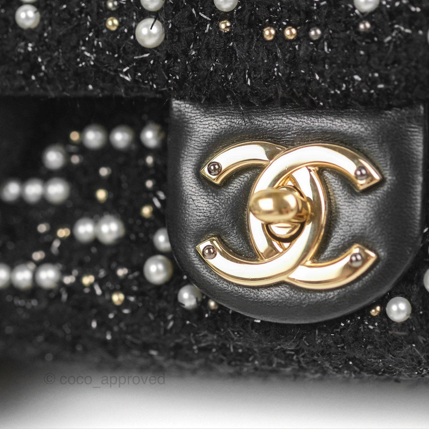 Chanel Black Faux Pearl Embellished Tweed Mini Cosmos Flap Bag