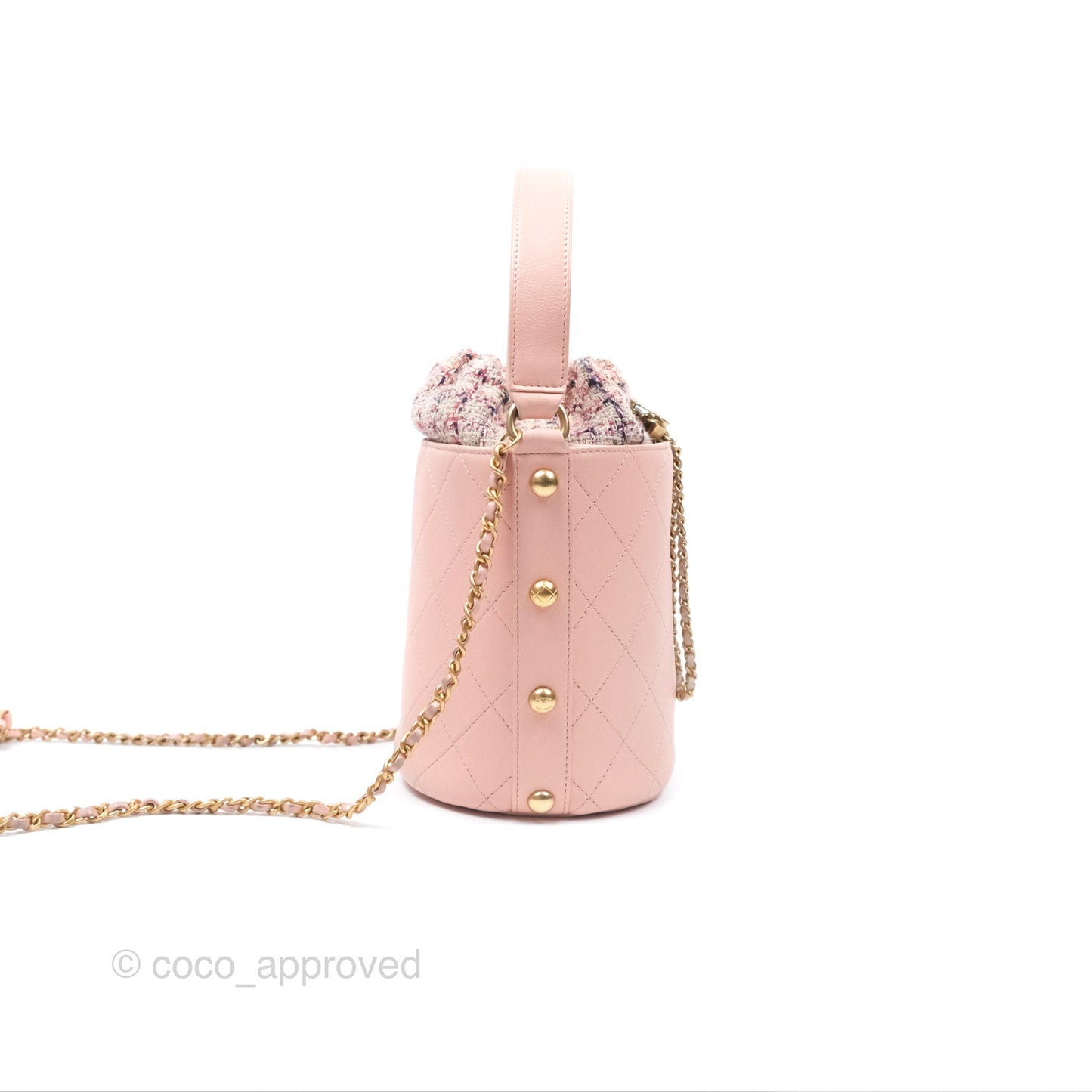Chanel Quilted Top Handle Drawstring Bucket Bag Calfskin Tweed Pink Aged Gold Hardware