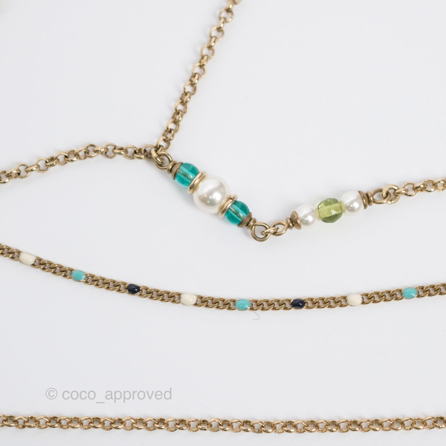 Chanel Pearl CC Green Bead Long Necklace Gold Tone 19S