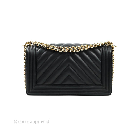 Chanel Chevron Medium Boy Bag Black Calfskin Gold Hardware