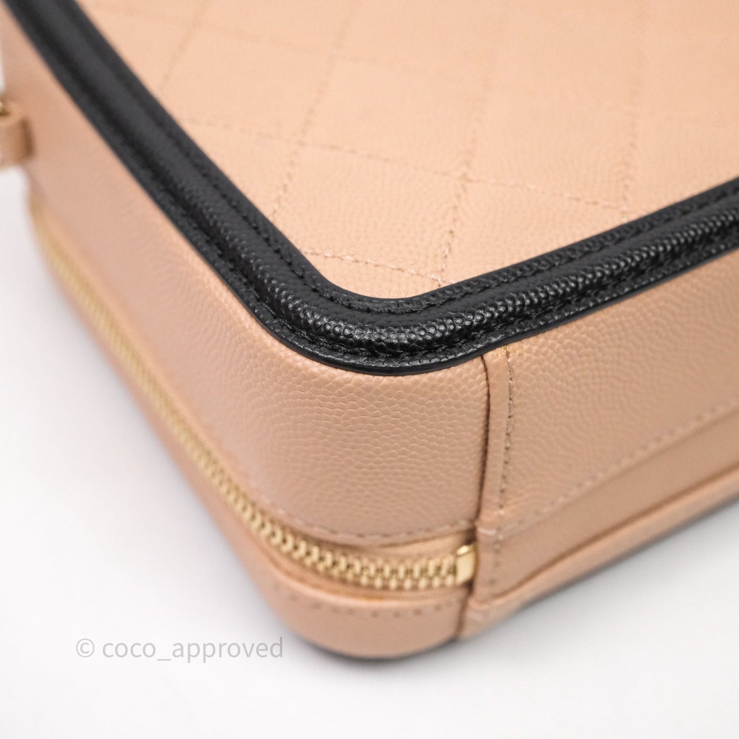 Chanel Quilted New Small CC Filigree Vanity Case Beige Caviar Gold Hardware