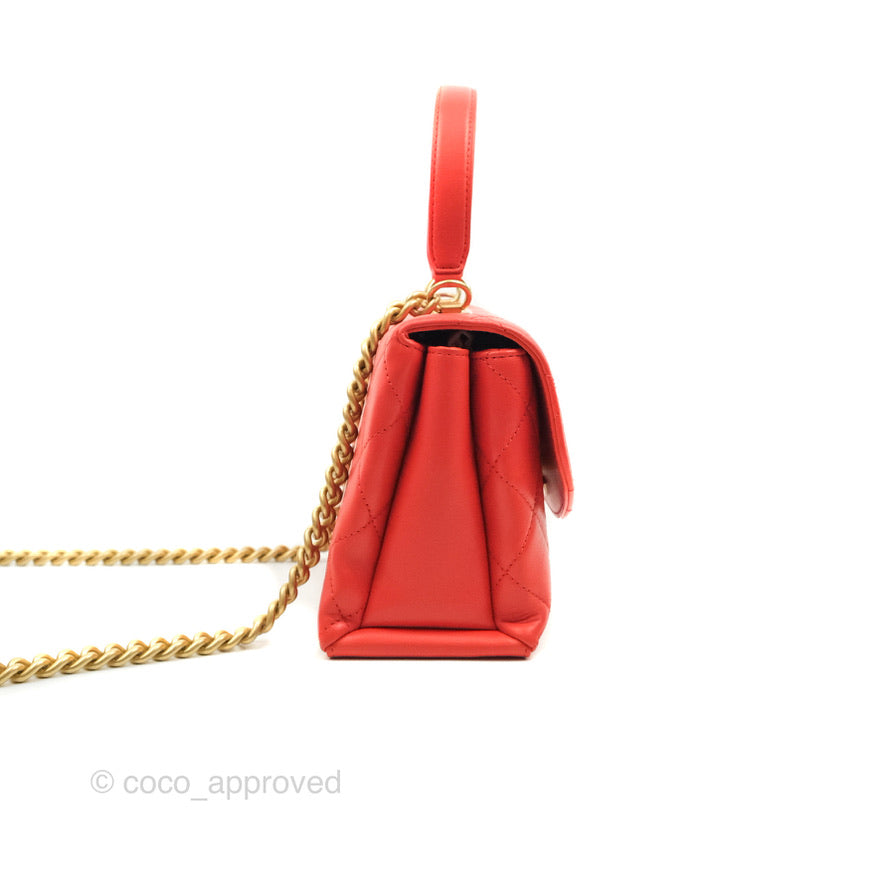 Chanel Top Handle Flap Bag Red Lambskin Aged Gold Hardware
