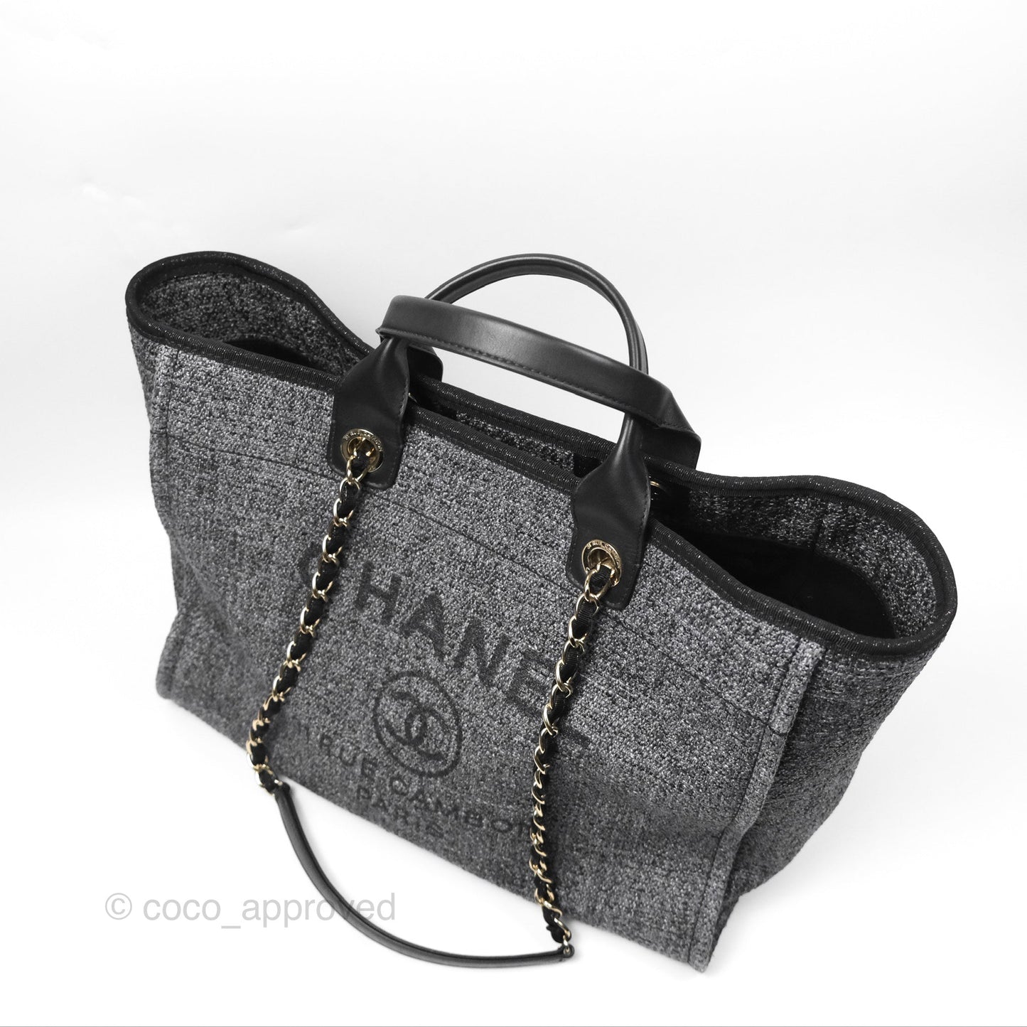 Chanel Large Deauville Glitter Black Grey Raffia Gold Hardware